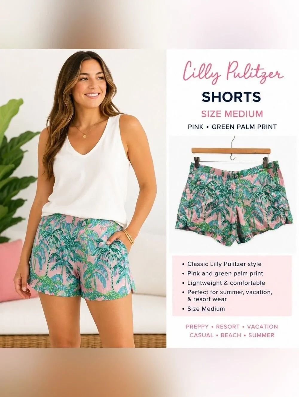 Lilly Pulitzer Palm Tree Print Shorts Medium Pink Green Tropical Resort Preppy